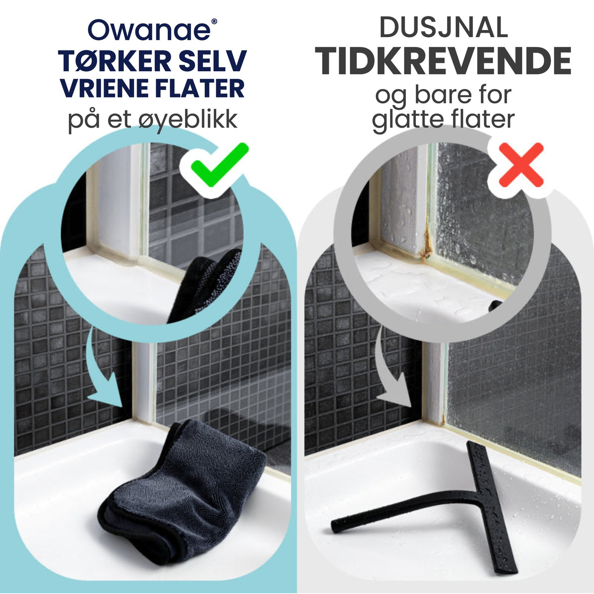 Owanae tørkeklut sammenlignet med dusjnal