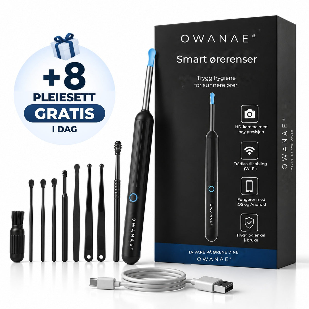 Owanae smart ørerenser med HD-kamera og pleiesett